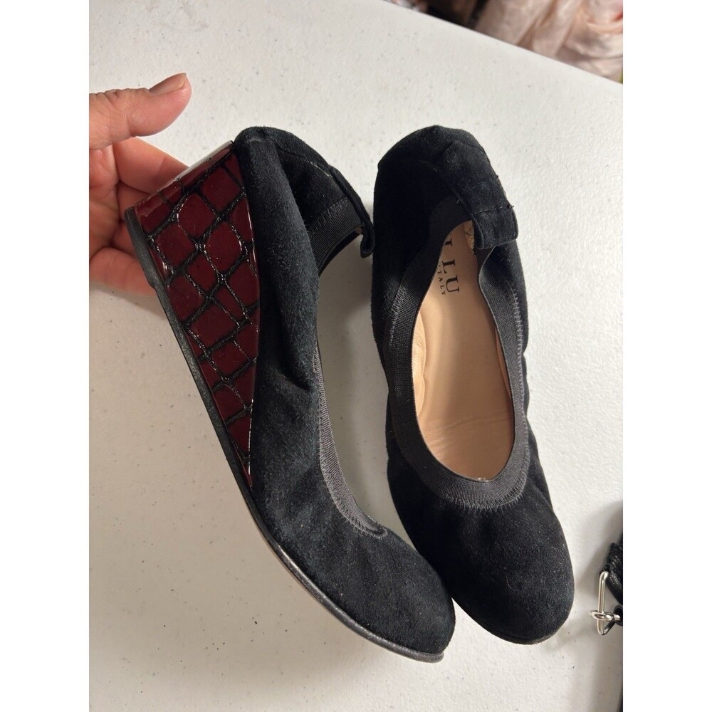 Anyi Lu Black Leather  crocodile Print Wedge Shoes Size EU 36.5